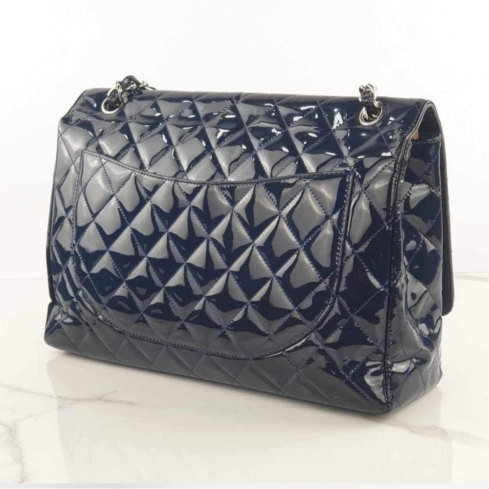 Chanel Navy Quilted Patent Leather Jumbo Maxi Bag - Picture 2 of 13